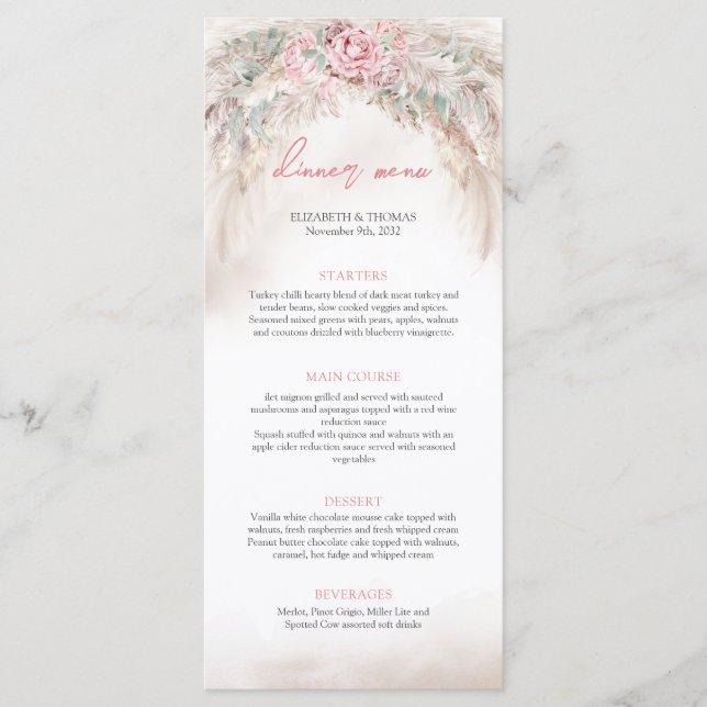 Elegant watercolor dusty rose pampas sage green menu (Front)