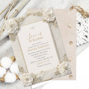 Elegant Watercolor Dusty White Golden Flowers Brid Invitation