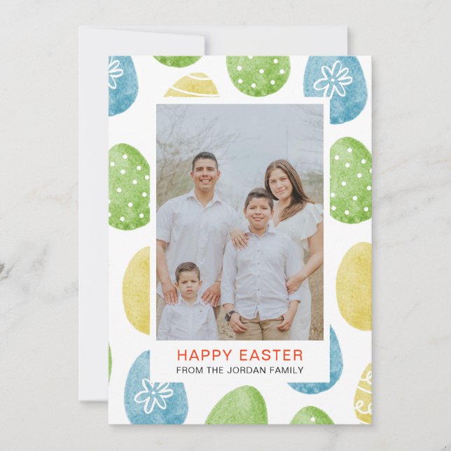 Elegant Watercolor Eggs Pattern Happy Easter Photo Holiday Card (Front)