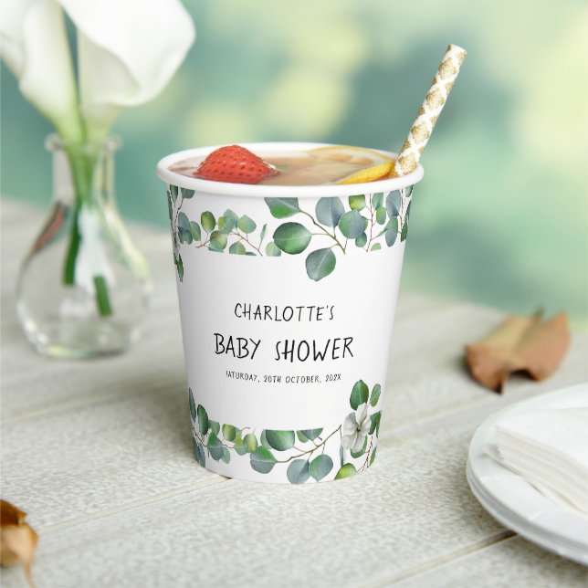 Elegant Watercolor Eucalyptus Baby Shower Paper Cups (Insitu)