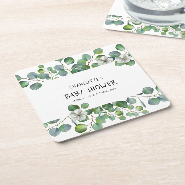 Elegant Watercolor Eucalyptus Baby Shower Square Paper Coaster (Angled)