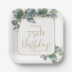 Elegant watercolor eucalyptus botanical birthday paper plate