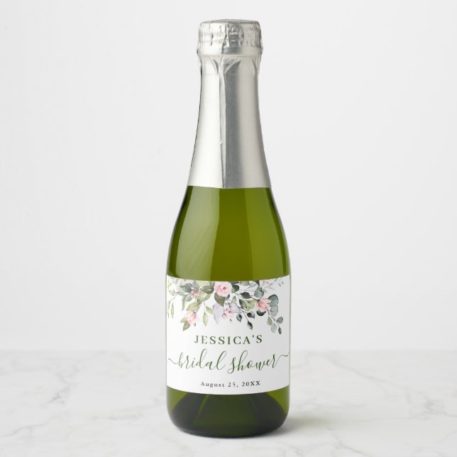 Elegant Watercolor Eucalyptus Bridal Shower Sparkling Wine Label (Front)