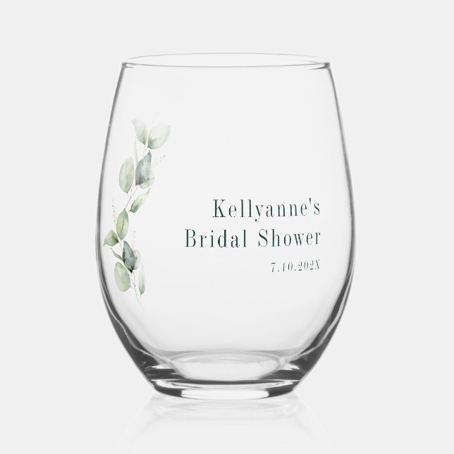 Elegant Watercolor Eucalyptus Bridal Shower Stemless Wine Glass (Front)