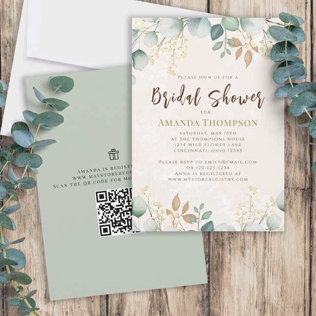 Elegant Watercolor Eucalyptus Foliage QR Code  Invitation (Creator Uploaded)