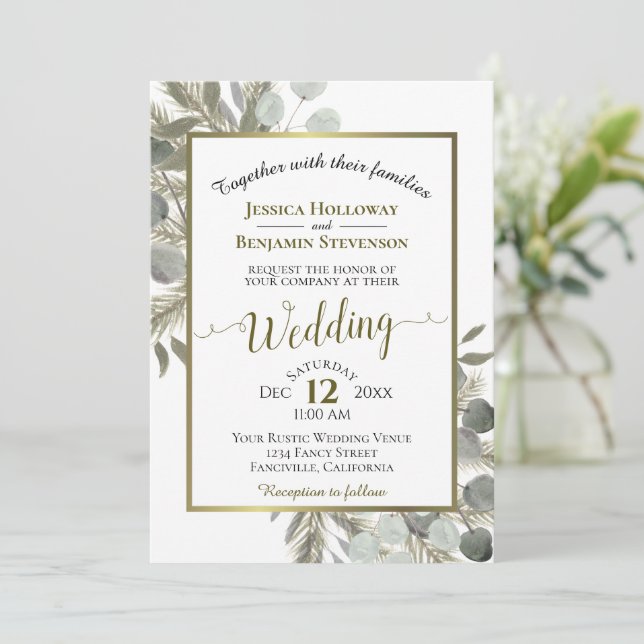 Elegant Watercolor Eucalyptus Golden Pine Wedding Invitation (Standing Front)