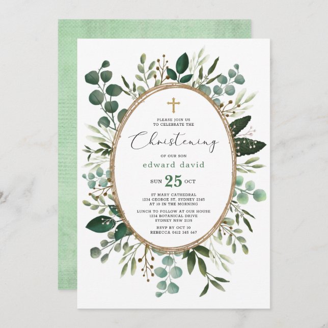 Elegant Watercolor Eucalyptus Greenery Christening Invitation (Front/Back)