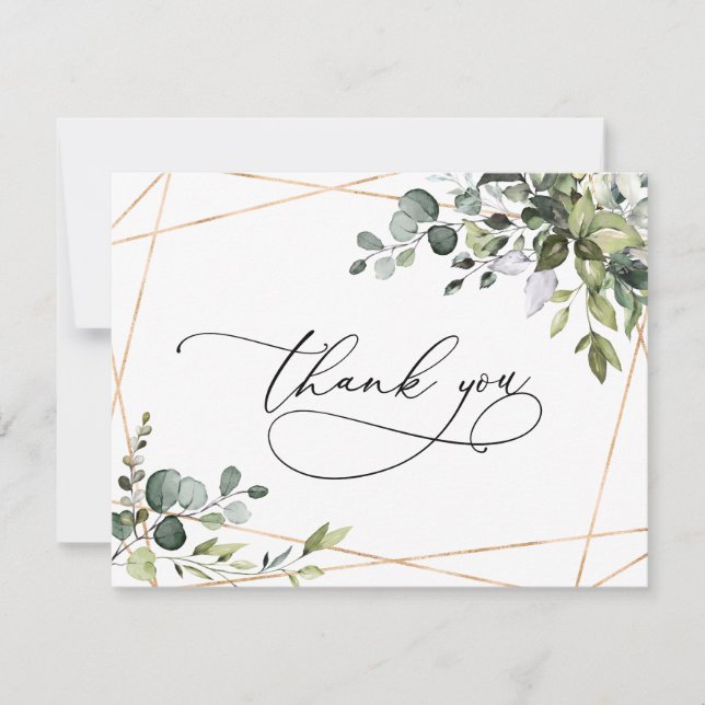 Elegant Watercolor Eucalyptus Greenery Gold Thank You Card (Front)