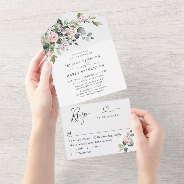 Elegant Watercolor Eucalyptus Greenery Wedding All In One Invitation (Tearaway)