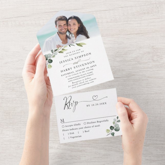 Elegant Watercolor Eucalyptus Greenery Wedding All In One Invitation (Tearaway)