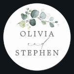 Elegant Watercolor Eucalyptus Greenery Wedding Classic Round Sticker<br><div class="desc">Watercolor eucalyptus greenery wedding stickers</div>