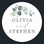 Elegant Watercolor Eucalyptus Greenery Wedding Classic Round Sticker<br><div class="desc">Watercolor eucalyptus greenery wedding stickers</div>