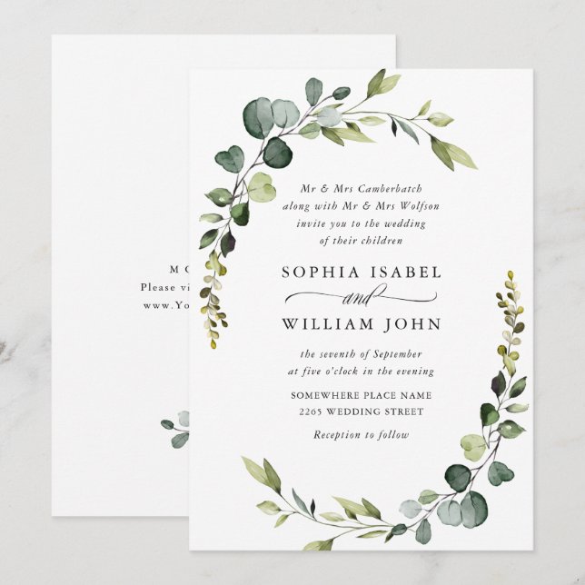 Elegant Watercolor Eucalyptus Greenery Wedding Invitation (Front/Back)