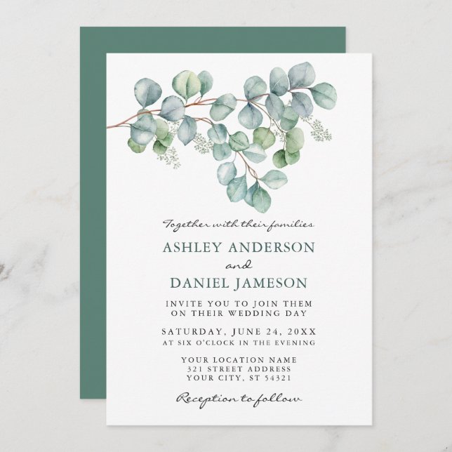 Elegant Watercolor Eucalyptus Greenery Wedding Invitation (Front/Back)