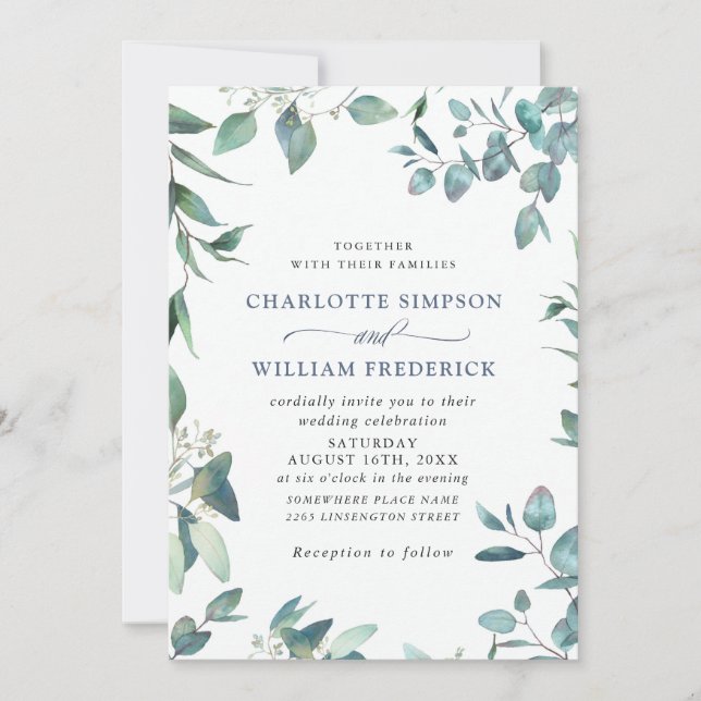 Elegant Watercolor Eucalyptus Greenery Wedding Invitation (Front)