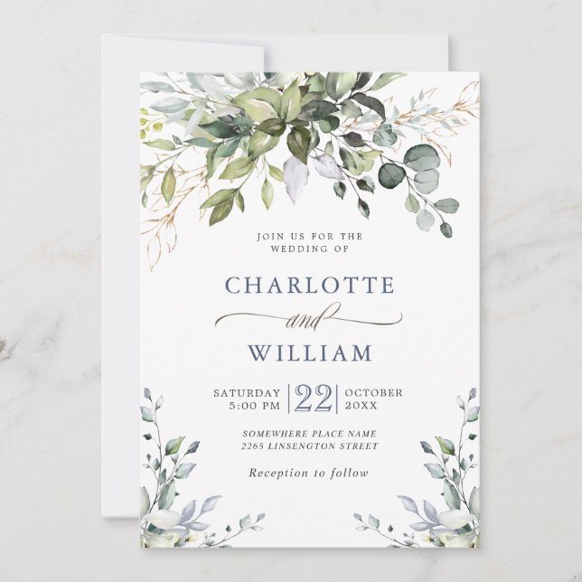 Elegant Watercolor Eucalyptus Greenery Wedding Invitation (Front)