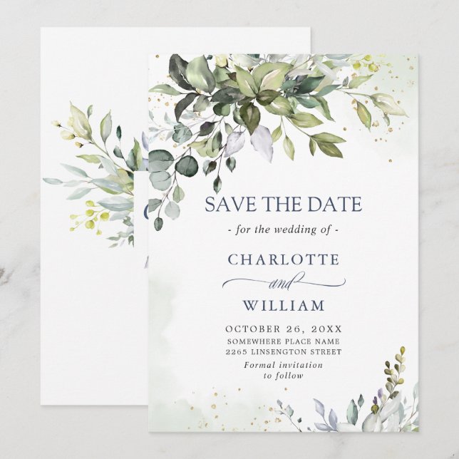 Elegant Watercolor Eucalyptus Greenery Wedding Save The Date (Front/Back)
