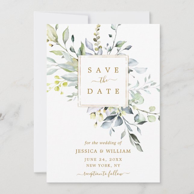 Elegant Watercolor Eucalyptus Greenery Wedding Save The Date (Front)