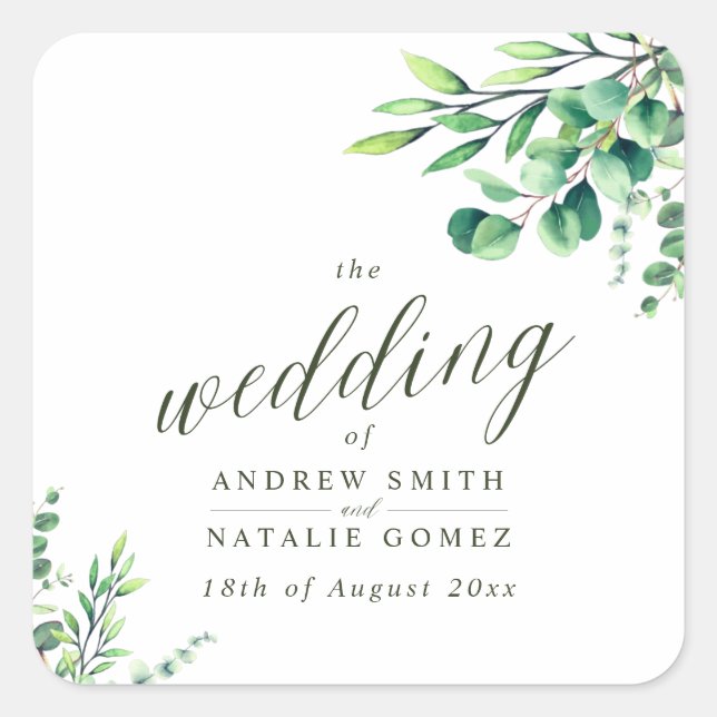 Elegant Watercolor Eucalyptus Greenery Wedding Square Sticker (Front)