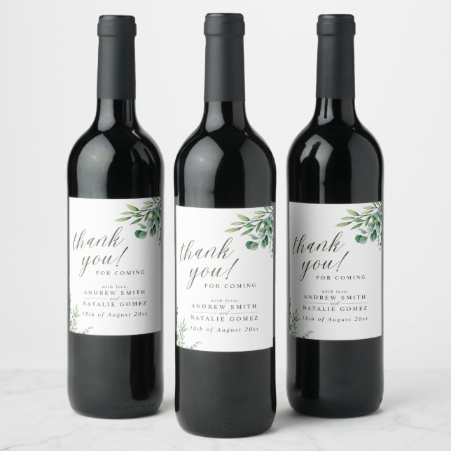 Elegant Watercolor Eucalyptus Greenery Wedding Wine Label (Bottles)