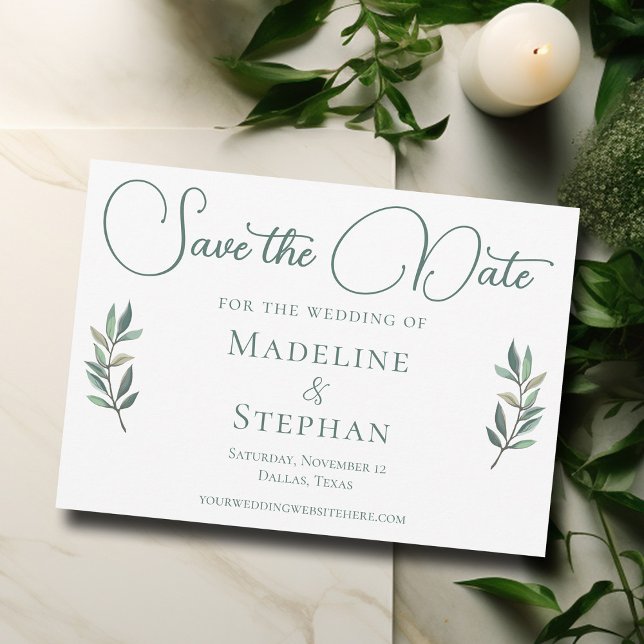 Elegant Watercolor Eucalyptus Leaf Green Modern Save The Date (Creator Uploaded)