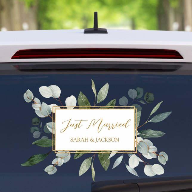 Elegant Watercolor Eucalyptus Leaves Just Married Window Cling (In situ)