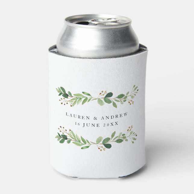 Elegant Watercolor Eucalyptus Leaves Wedding Can Cooler (Can Front)