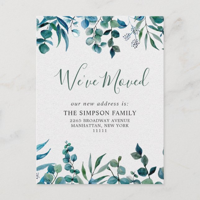 Elegant Watercolor  Eucalyptus Moving Announcement Postcard (Front)