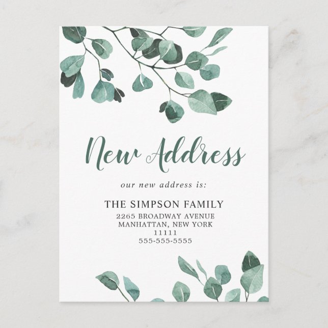 Elegant Watercolor Eucalyptus Moving Announcement Postcard (Front)