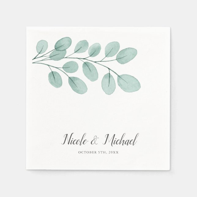 Elegant Watercolor Eucalyptus Personalized Wedding Napkin (Front)