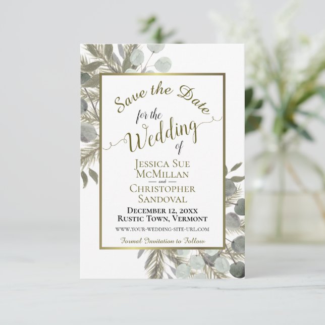 Elegant Watercolor Eucalyptus & Pine Wedding Save The Date (Standing Front)