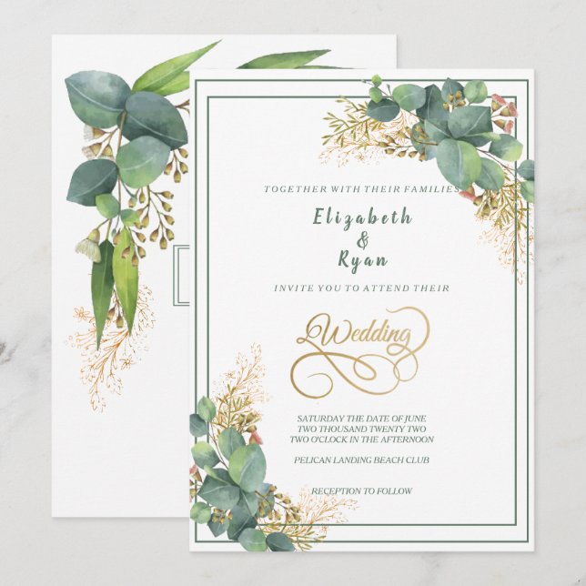 Elegant Watercolor Eucalyptus Plants Gold Filigree Invitation (Front/Back)
