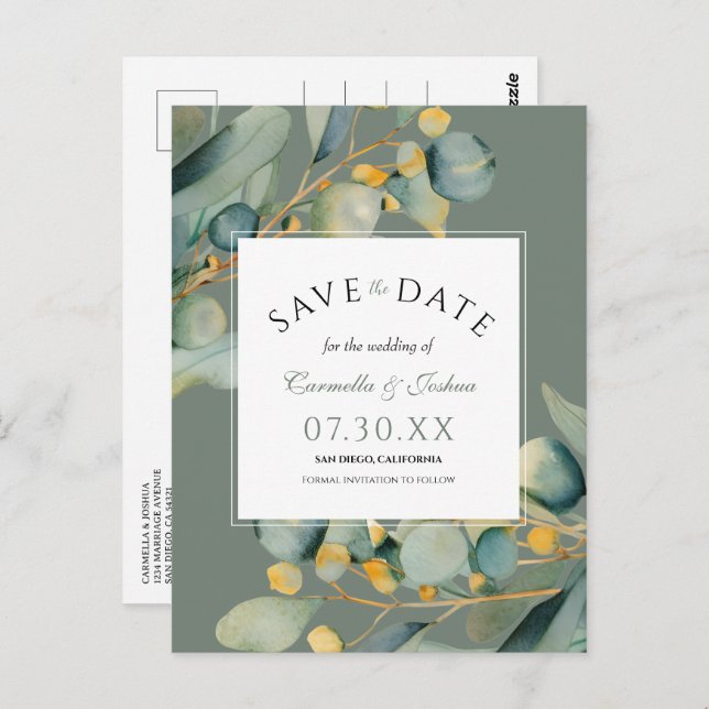 Elegant Watercolor Eucalyptus Sage Save The Date Postcard (Front/Back)