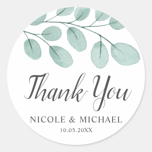 Elegant Watercolor Eucalyptus Thank You Classic Round Sticker (Front)