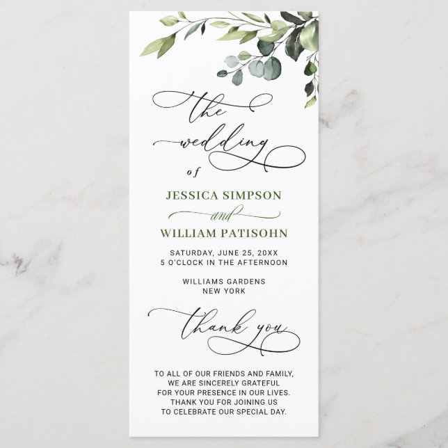 Elegant Watercolor Eucalyptus Wedding Ceremony Program (Front)