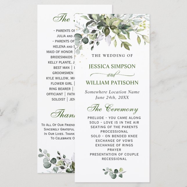 Elegant Watercolor Eucalyptus Wedding Ceremony Program (Front/Back)