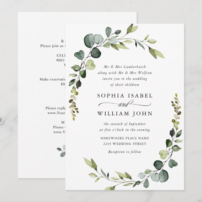 Elegant Watercolor Eucalyptus Wedding Details Invitation (Front/Back)