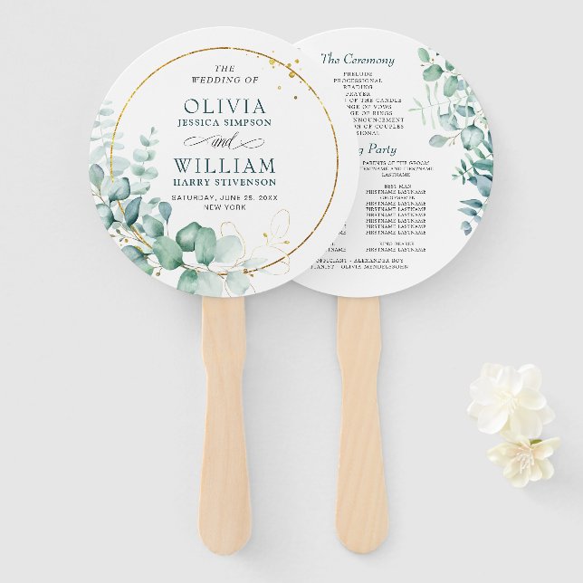 Elegant Watercolor Eucalyptus Wedding Program Hand Fan (Front and Back)