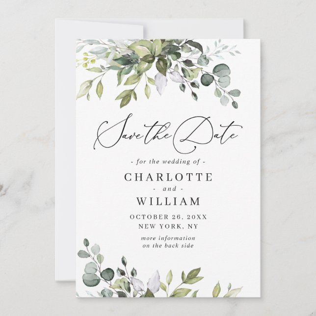 Elegant Watercolor Eucalyptus Wedding QR Code Save The Date (Front)