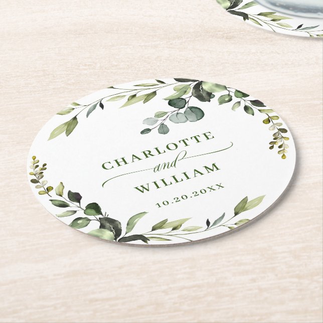 Elegant Watercolor Eucalyptus Wedding Round Round Paper Coaster (Angled)
