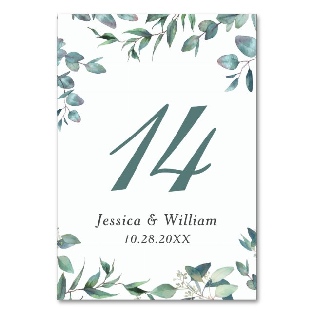 Elegant Watercolor Eucalyptus Wedding Table Number (Front)
