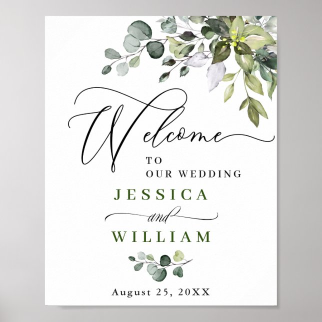 Elegant Watercolor Eucalyptus Wedding Welcome Post Poster (Front)