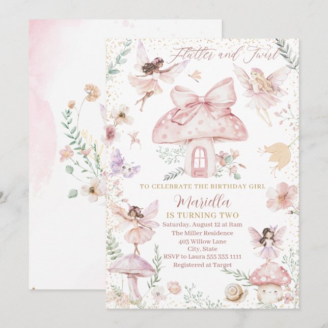 Elegant Watercolor Fairy is turning two Birthday   Invitation (Front/Back)