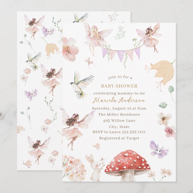 Elegant Watercolor Fairy  Wildflower Garden  Baby  Invitation (Front/Back)