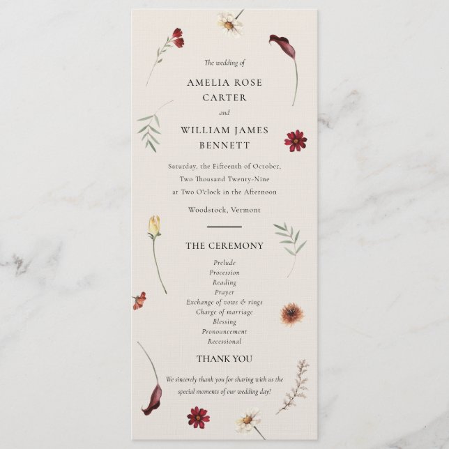 Elegant Watercolor Fall Autumn Wildflower Wedding  Program (Front)