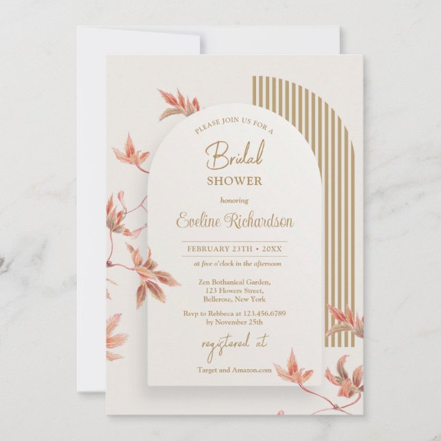 Elegant watercolor fall leaves boho arch gold invitation (Front)