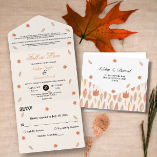 Elegant Watercolor Fall Leaves Fall Floral Wedding All In One Invitation