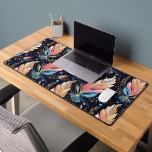 Elegant Watercolor Feathers Navy Blue Pink And Tea Desk Mat