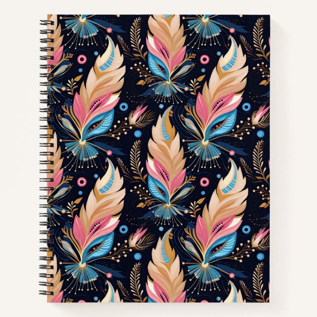 Elegant Watercolor Feathers Navy Blue Pink And Tea Notebook (Front)