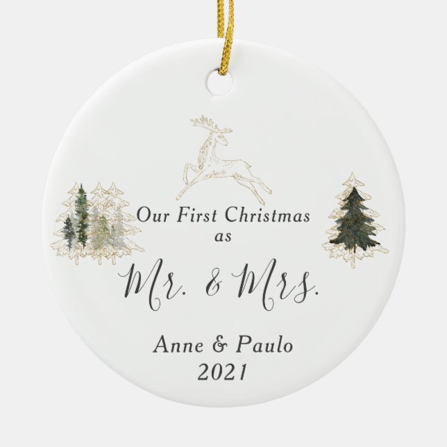 Elegant Watercolor First Christmas Married Photo Ceramic Ornament (Front)
